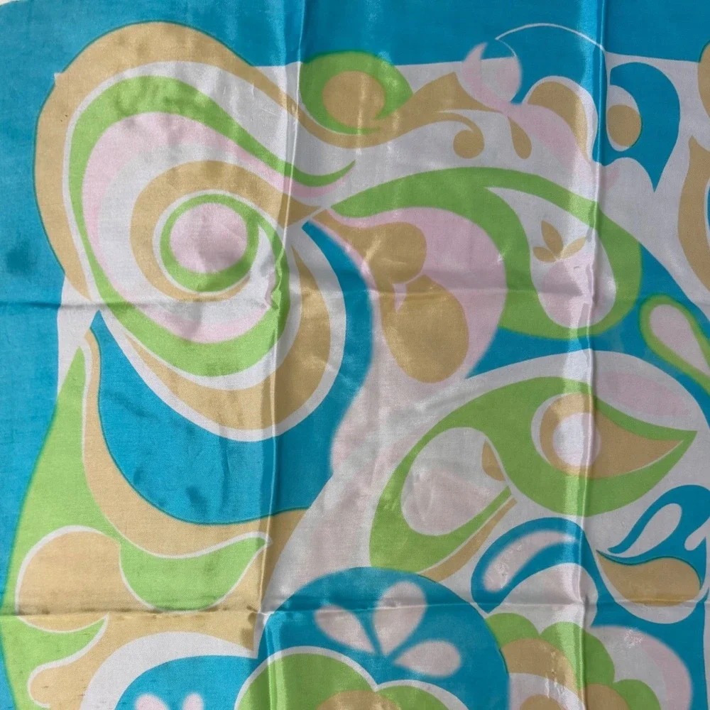 Vintage Psychedelic Floral Paisley Square Scarf Blue Green Mid‎ Century Chic